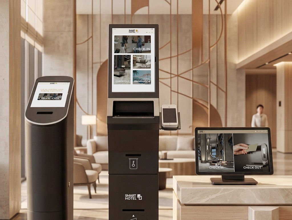 Blue Pin GSR™ check-in, check-out and tablet hardware in a hotel lobby